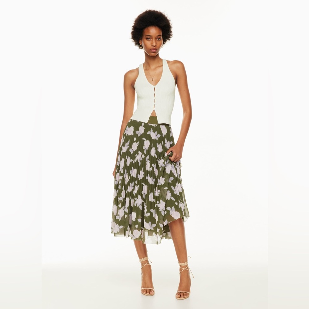 NWOT Wilfred Aritzia Twirl Skirt Olive Green Pink Floral Pleated Midi Skirt - Picture 2 of 10